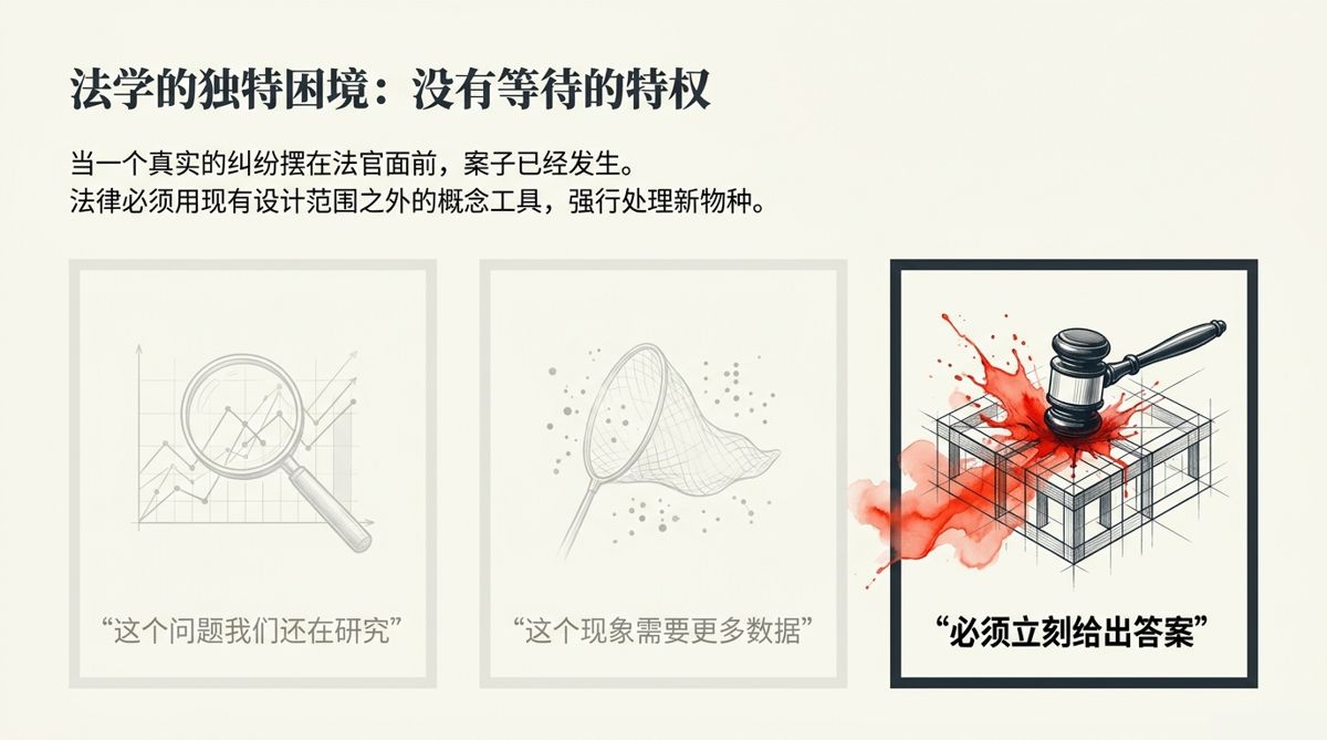 三格对照:其他学科可以研究等待,法律必须立刻给出答案