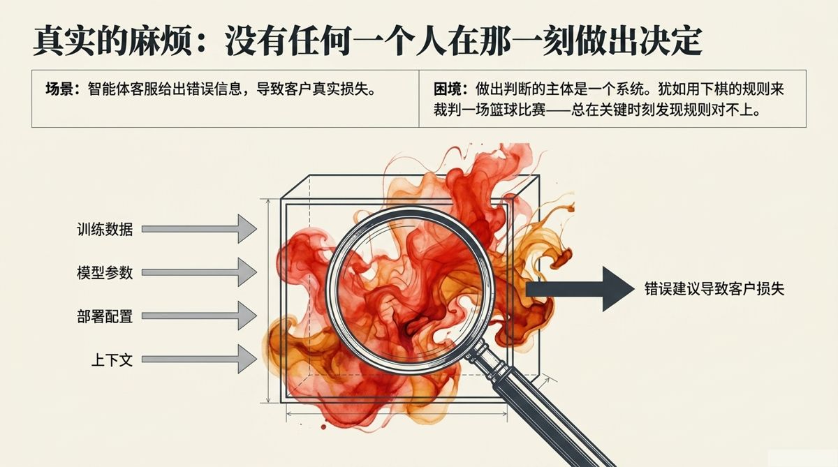 真实的麻烦:没有任何一个人在那一刻做出决定——四路输入汇入黑箱,输出错误建议致客户损失