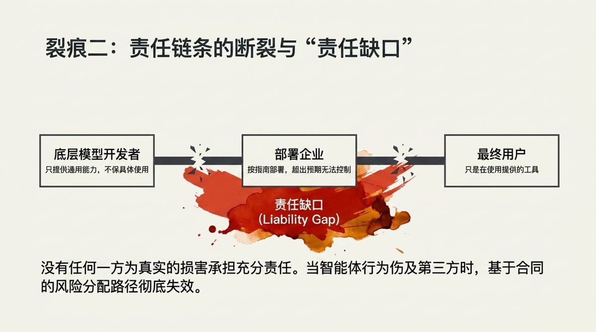 裂痕二:责任链条的断裂与"责任缺口"——三方责任链两处断裂,中间是责任缺口