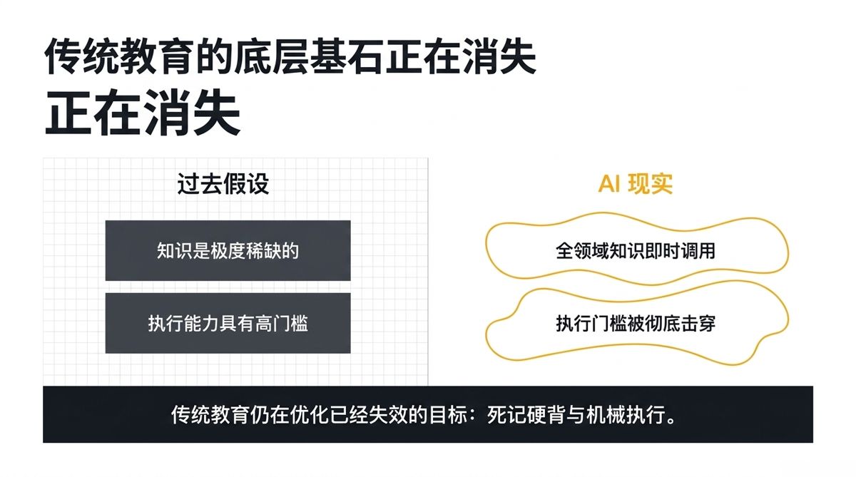 传统教育的底层基石正在消失（图上"正在消失"重复排了一行）——左右对照：两条过去假设 vs 两条AI现实