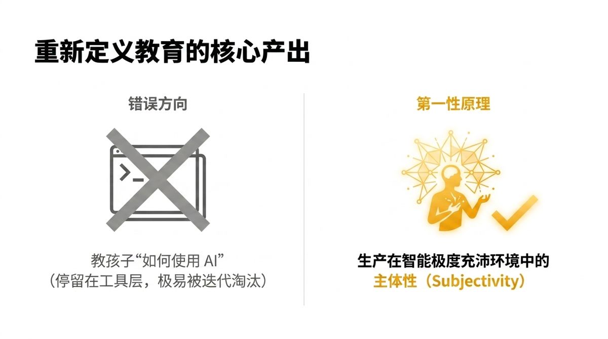 重新定义教育的核心产出——左错误方向打叉，右第一性原理指向主体性