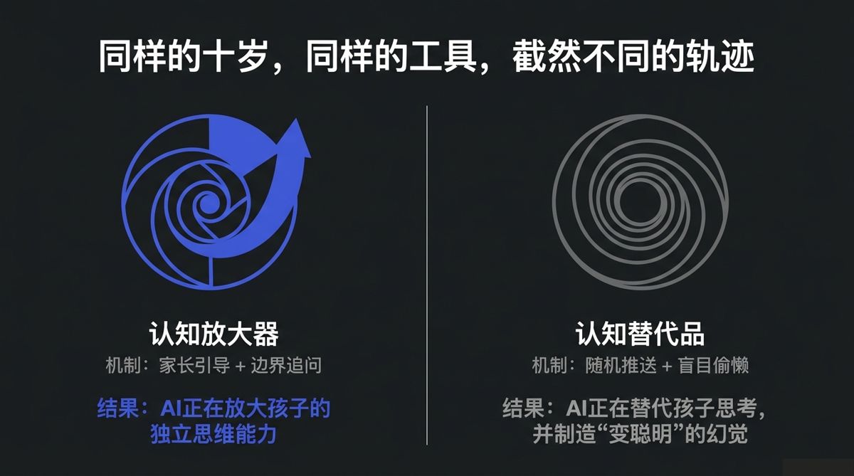 同龄孩子用AI的两条轨迹:认知放大器与认知替代品的螺旋对照