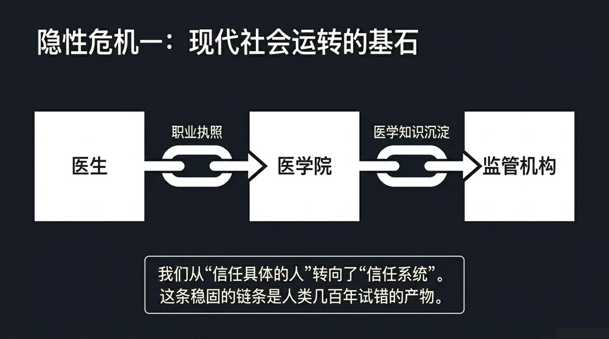 隐性危机一:现代社会运转的基石——医生—医学院—监管机构的信任链条图