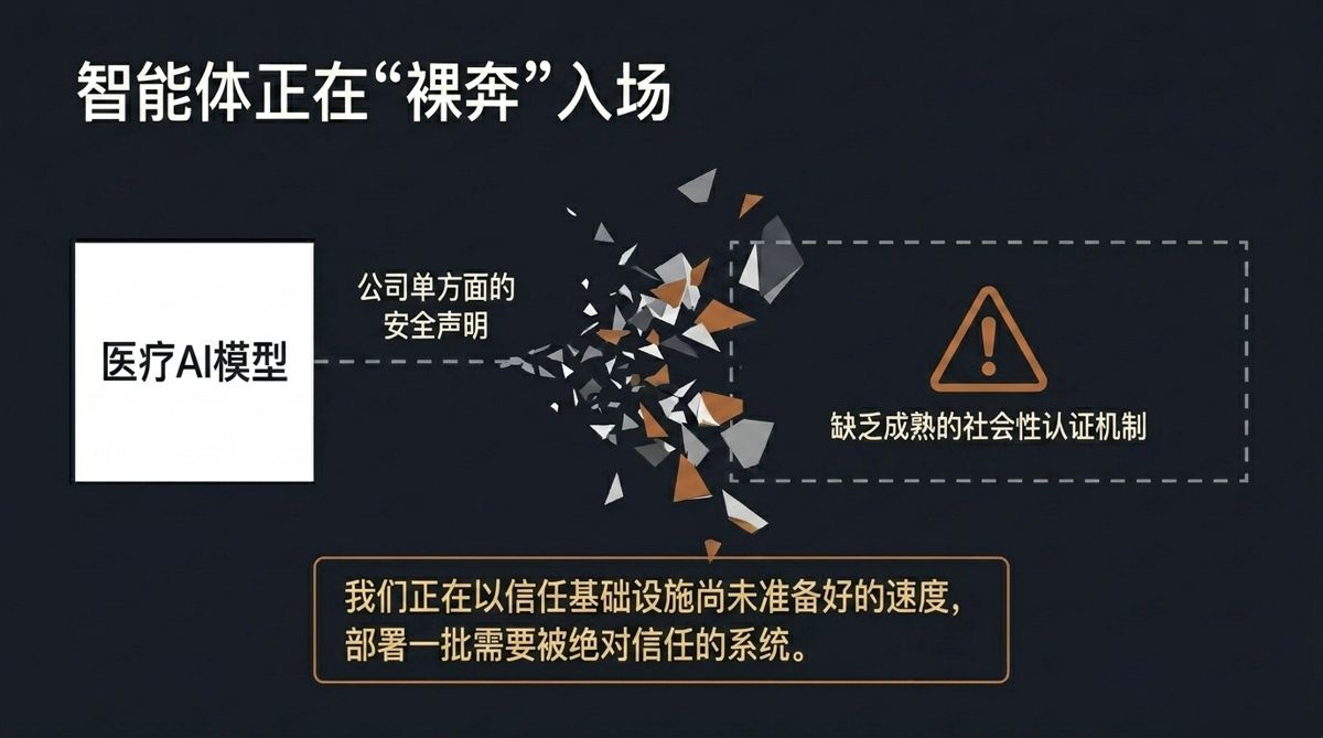智能体正在“裸奔”入场——医疗AI模型仅有公司单方面安全声明,缺乏成熟的社会性认证机制