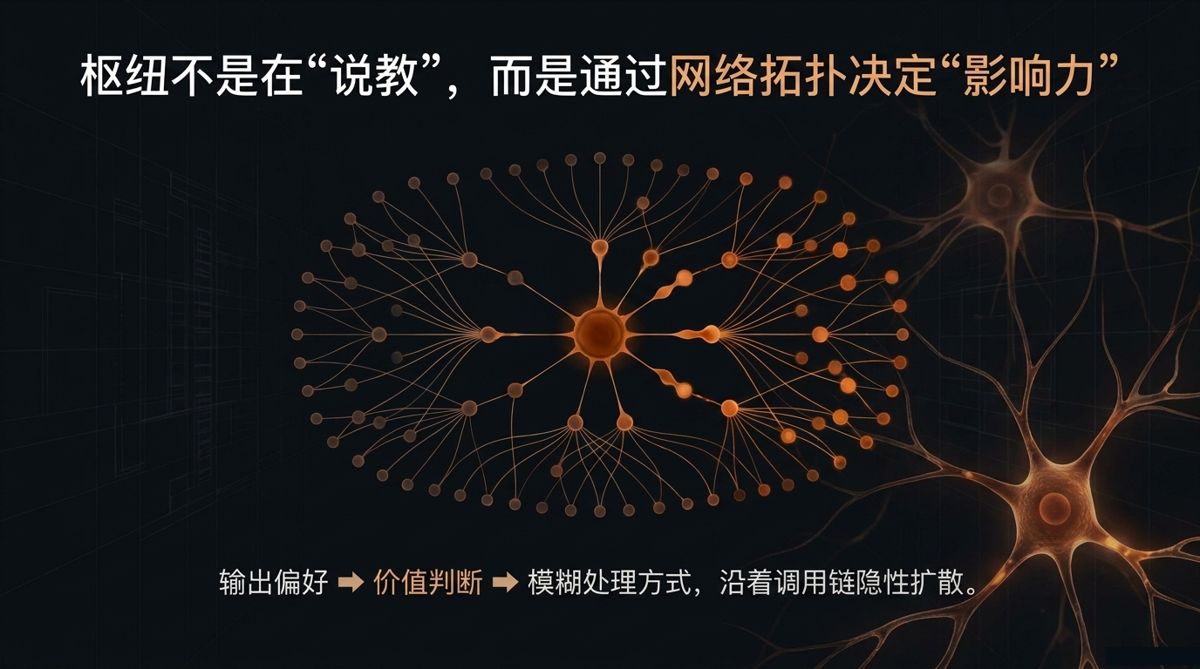 枢纽不是在"说教"，而是通过网络拓扑决定"影响力"——单一枢纽向外辐射的星状网络拓扑图