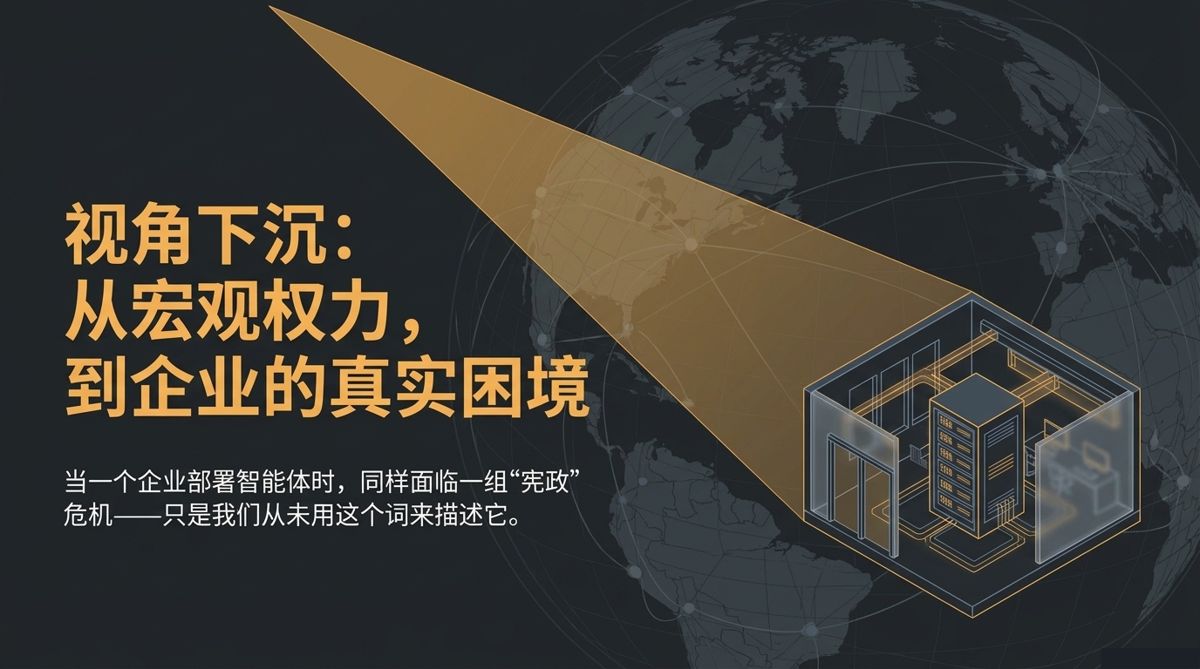 视角下沉：从宏观权力，到企业的真实困境——地球与机房示意，视角从全球降到企业