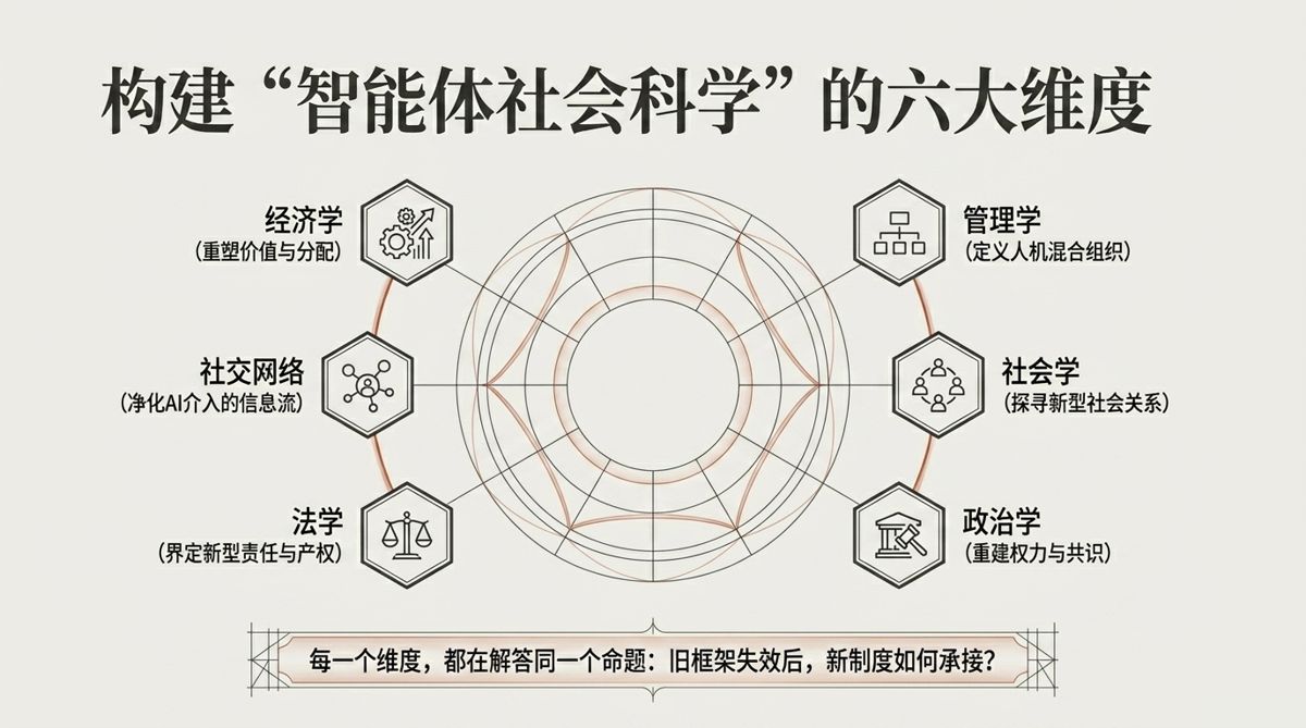 构建“智能体社会科学”的六大维度——六边形环状排布六个学科维度