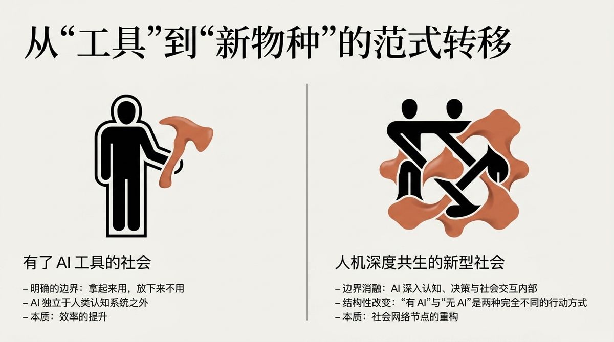 从“工具”到“新物种”的范式转移——AI工具社会与新型社会的左右对比